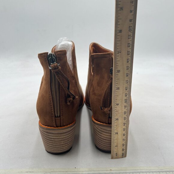 Brown Mid Heels Ankle Bootie Almond Toe Block Low Heel Pumps Classic V Cut Shoes - Picture 5 of 8